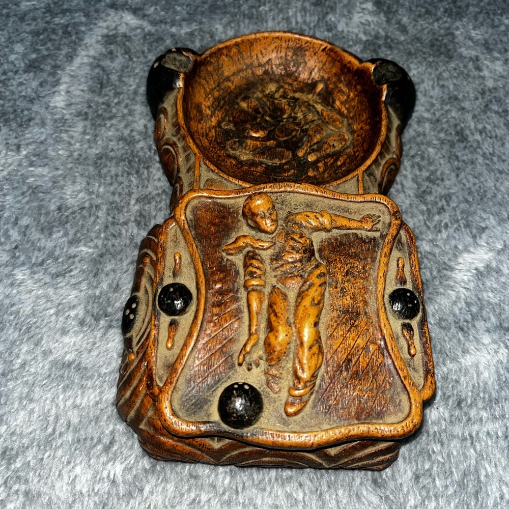 Vintage  Wood Art Deco Bowling Themed Ashtray & Cigarette Box w/ Bowler Lid